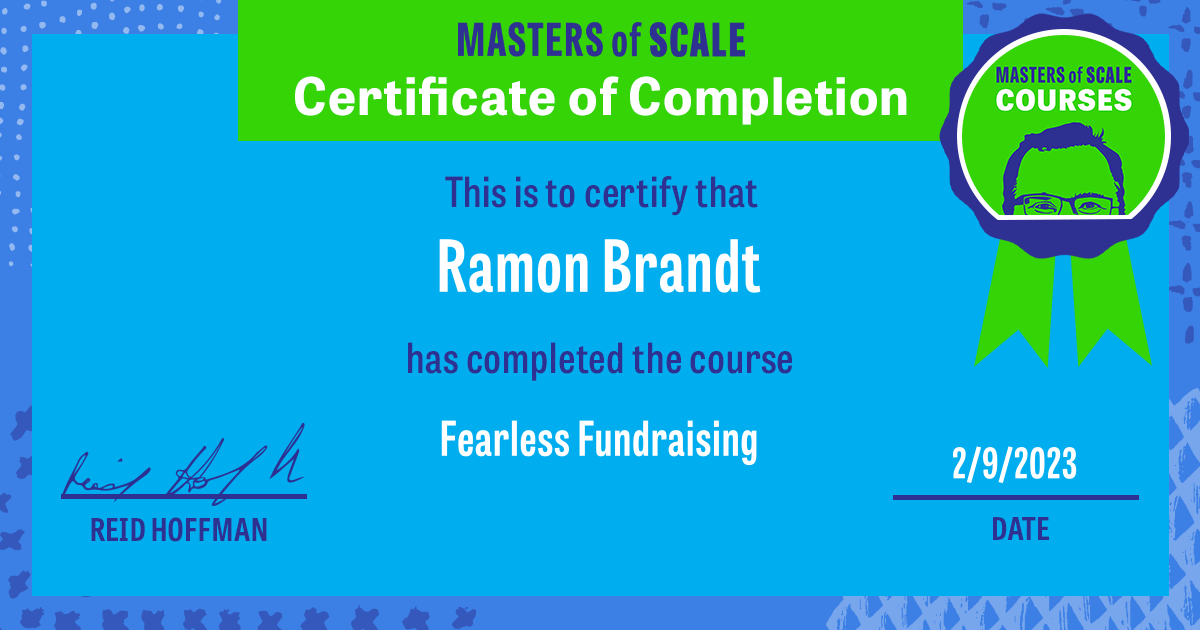 Certificate of Completion for Fearless Fundraising awarded to Ramon Brandt