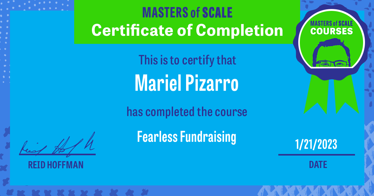 Certificate of Completion for Fearless Fundraising awarded to Mariel Pizarro