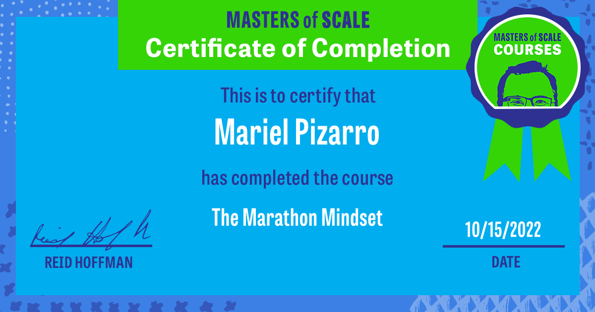 Certificate of Completion for The Marathon Mindset awarded to Mariel Pizarro