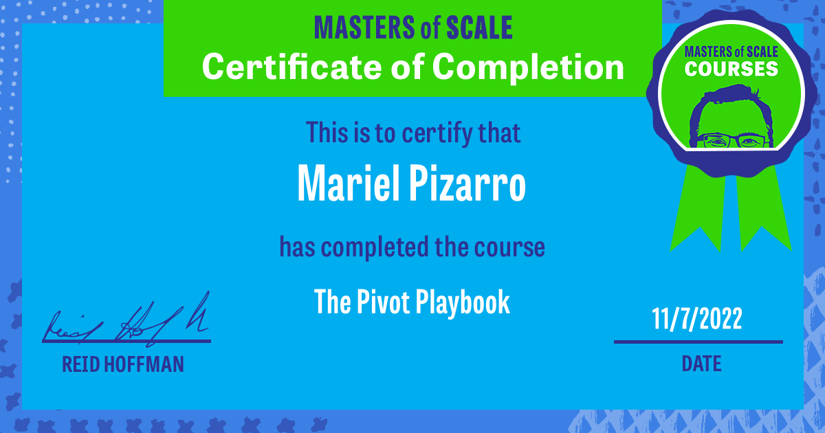 Certificate of Completion for The Pivot Playbook awarded to Mariel Pizarro