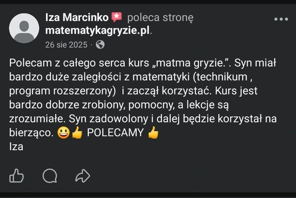 Opinia Izy Marcinko na Facebooku o kursie matematyki - syn z zaległościami zaczął korzystać i jest zadowolony