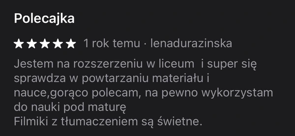 5-gwiazdkowa opinia lenadurazinska: aplikacja pomaga w nauce do matury i powtarzaniu materiału w liceum