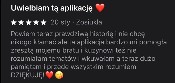 5-gwiazdkowa opinia Zosiukla: aplikacja pomogła w nauce historii i zrozumieniu trudnych tematów
