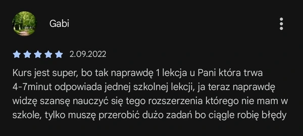 5-gwiazdkowa opinia Gabi: 1 lekcja w aplikacji zastępuje 4-7 minut szkolnej lekcji