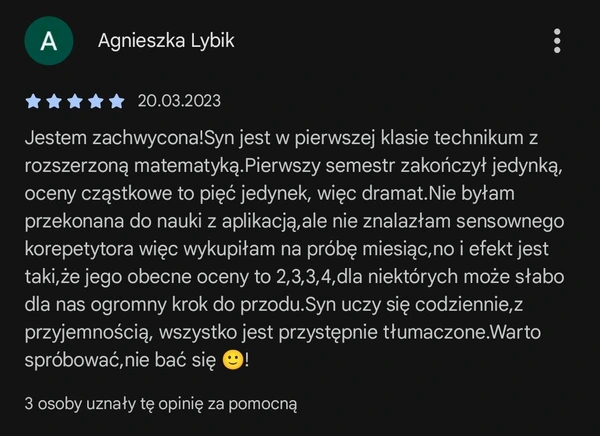 5-gwiazdkowa opinia Agnieszki Lybik: poprawa ocen z matematyki dzięki aplikacji edukacyjnej