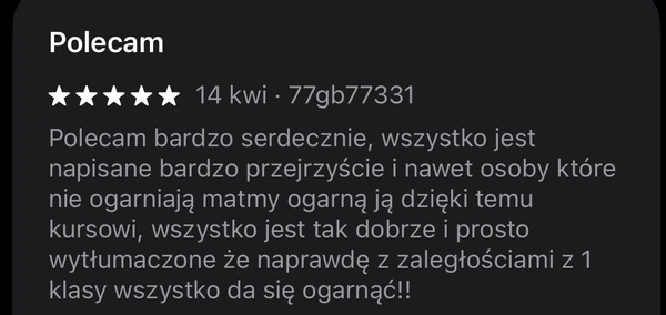 5-gwiazdkowa opinia użytkownika 77gb77331: Polecam, przejrzysta aplikacja do nauki, wszystko da się ogarnąć