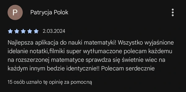 5-gwiazdkowa opinia Patrycji Polok: najlepsza aplikacja do nauki matematyki z wyjaśnionymi notatkami