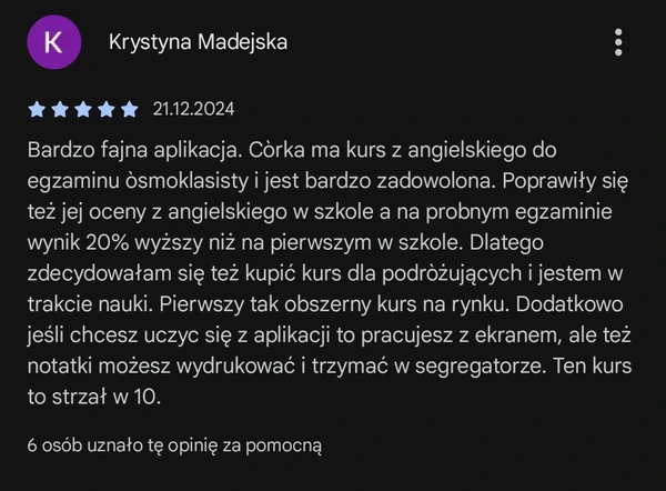 5-gwiazdkowa opinia Krystyny: poprawa o 20% z angielskiego na egzaminie ósmoklasisty dzięki aplikacji