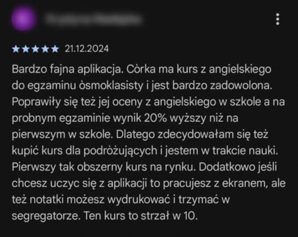 5-gwiazdkowa opinia z 21.12.2024: poprawa o 20% na egzaminie ósmoklasisty z angielskiego