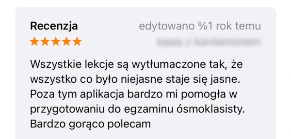 5-gwiazdkowa recenzja: aplikacja pomogła w przygotowaniu do egzaminu ósmoklasisty