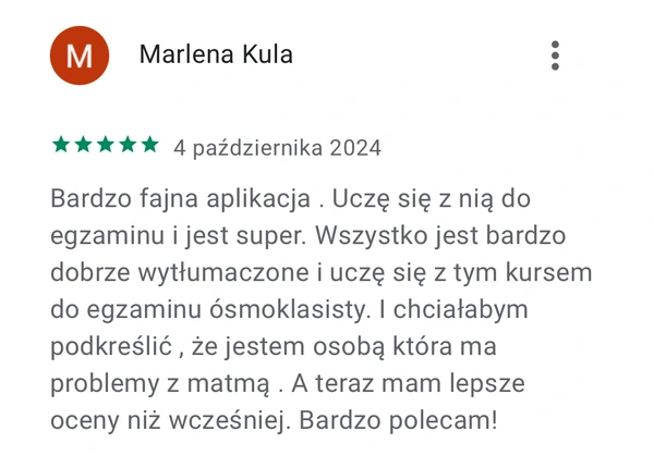Opinia 5 gwiazdek od Marleny Kuli: skuteczna nauka do egzaminu ósmoklasisty z matematyki