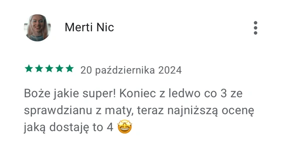 5-gwiazdkowa opinia Merti Nic: poprawa oceny z matematyki z 3 do 4 dzięki aplikacji