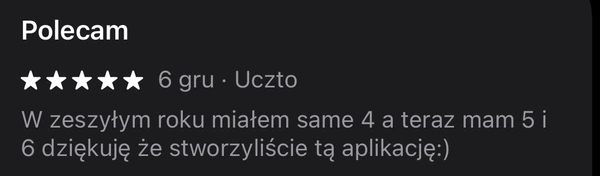 5-gwiazdkowa opinia na App Store: poprawa ocen z 4 do 5 i 6 dzięki aplikacji Polecam