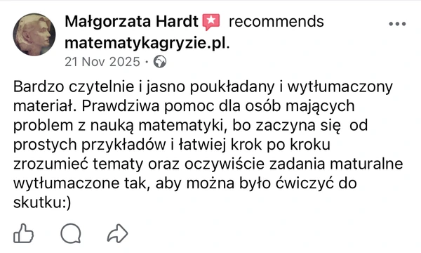 Pozytywna rekomendacja Małgorzaty Hardt na Facebooku o skutecznej nauce matematyki krok po kroku