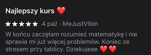 5-gwiazdkowa opinia MeJustVibin na App Store o zrozumieniu matematyki i mniejszym stresie przy tablicy