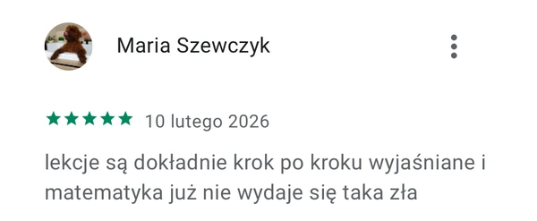 Opinia Marii Szewczyk na Google Play - 5 gwiazdek za dokładne lekcje i lepsze wyniki z matematyki