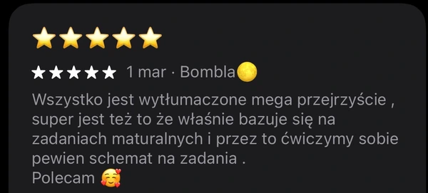 5-gwiazdkowa opinia Bombla z 1 marca o przygotowaniu do matury i schematach zadań