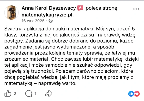 Opinia Anny Karol na Facebooku polecająca aplikację do nauki matematyki dla ucznia 5 klasy