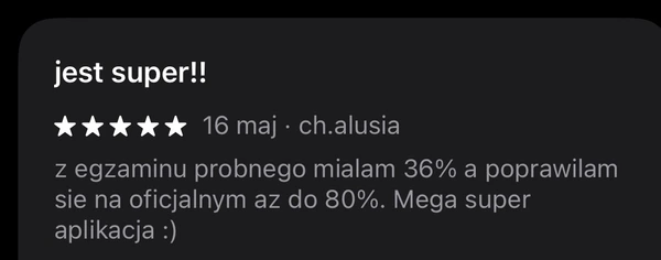 5-gwiazdkowa opinia ch.alusia: poprawa z 36% do 80% na egzaminie próbnym - mega super aplikacja
