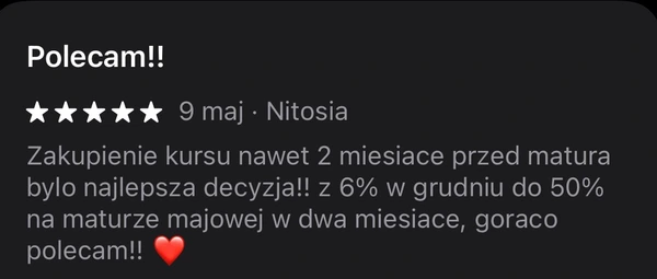 5-gwiazdkowa opinia Nitosia: poprawa z 6% do 50% na maturze majowej w 2 miesiące