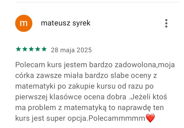 5-gwiazdkowa opinia Mateusza Syrka: córka poprawiła oceny z matematyki dzięki kursowi
