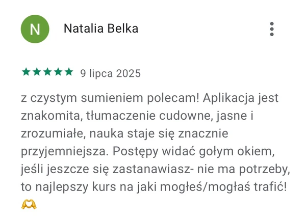 5-gwiazdkowa opinia Natalii Belka: aplikacja znakomita, tłumaczenie cudowne, nauka przyjemniejsza