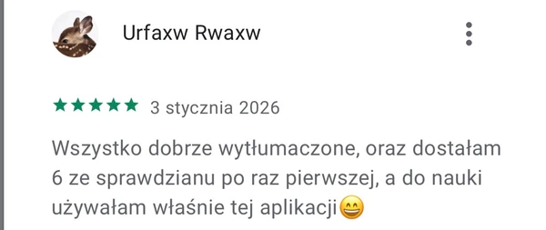 5-gwiazdkowa opinia na Google Play: dobra aplikacja do nauki i powtórek przed sprawdzianami