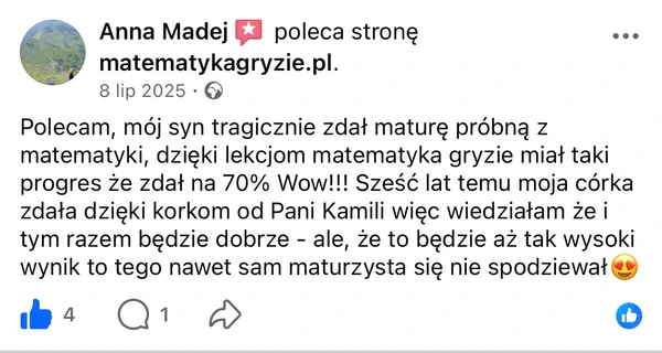 Opinia Anny Madej na Facebooku: syn zdał maturę próbną z matematyki na 70% dzięki aplikacji