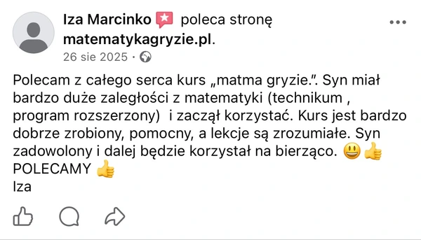 Opinia Izy Marcinko na Facebooku polecająca kurs matematyki dla syna z technikum
