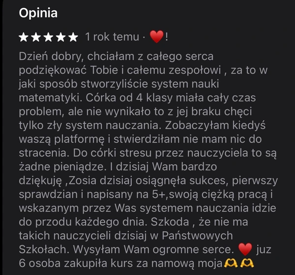 5-gwiazdkowa opinia o aplikacji do nauki matematyki - podziękowanie za skuteczny system nauczania