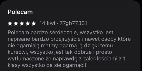 5-gwiazdkowa opinia z Google Play - aplikacja Polecam prosto wyjaśnia trudne tematy dla każdej klasy