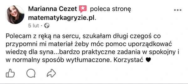 Opinia Marianny Cezet na Facebooku polecająca stronę matematykagryzie.pl do nauki matematyki