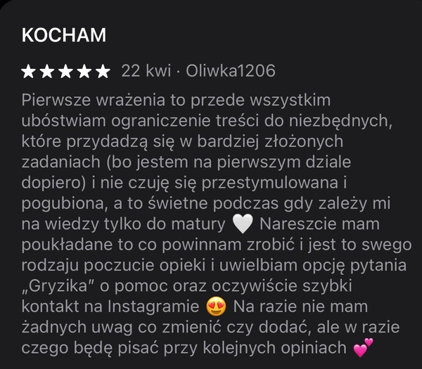5-gwiazdkowa opinia Oliwka1206: aplikacja pomaga w nauce do matury, ogranicza niepotrzebne treści