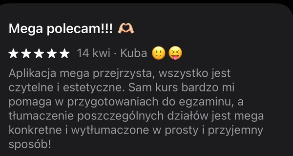 5-gwiazdkowa opinia Kuby z 14 kwietnia: aplikacja pomaga w przygotowaniach do egzaminu