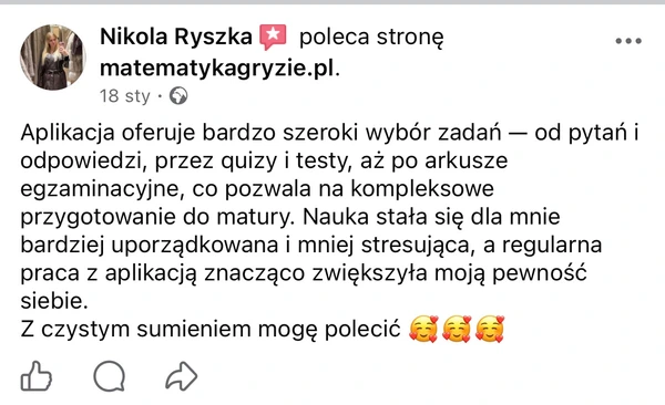 Opinia Nikoli Ryszki na Facebooku: aplikacja pomogła w przygotowaniu do matury z matematyki