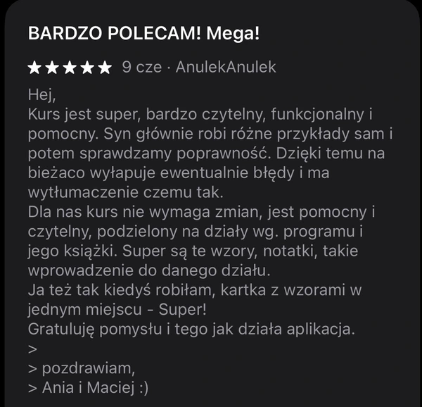 5-gwiazdkowa opinia AnulekAnulek: kurs czytelny, funkcjonalny i pomocny w nauce