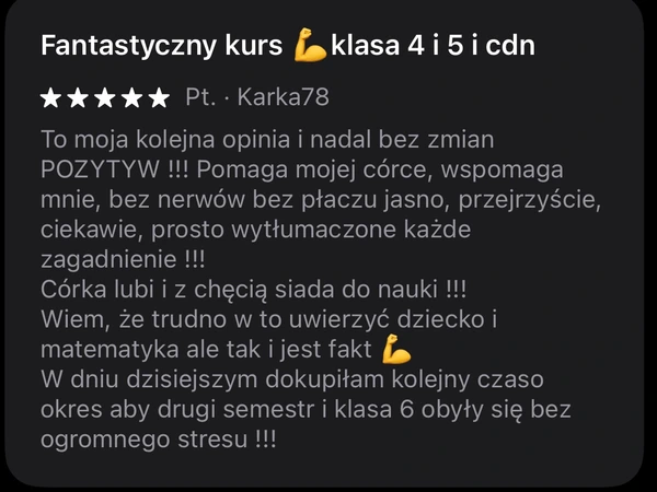 5-gwiazdkowa opinia Karka78: aplikacja pomaga córce w nauce bez stresu, klasa 4-5