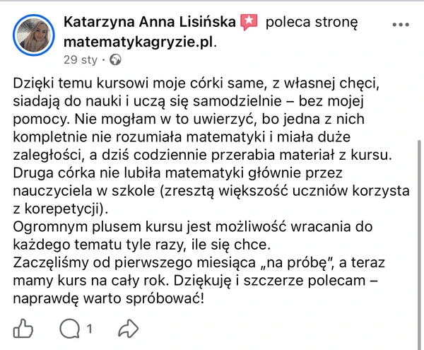 Opinia na Facebooku: córki samodzielnie uczą się matematyki dzięki kursowi matematykagryzie.pl