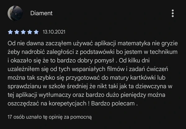 5-gwiazdkowa opinia Diament: aplikacja pomogła w nauce matematyki i przygotowaniu do matury