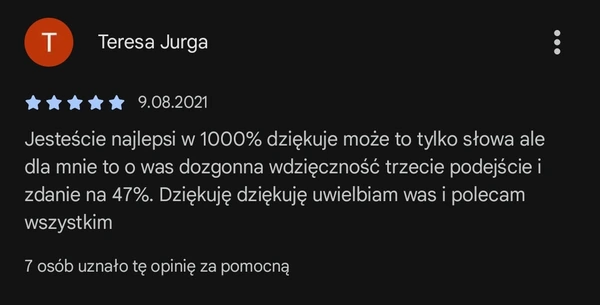 5-gwiazdkowa opinia Teresy Jurga na Google Play: aplikacja podniosła wynik o 47%