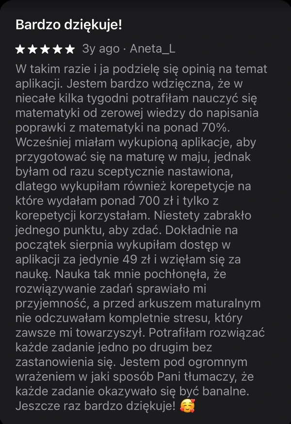 5-gwiazdkowa opinia Aneta_L: poprawa z matematyki od zera do ponad 70% i zdana matura