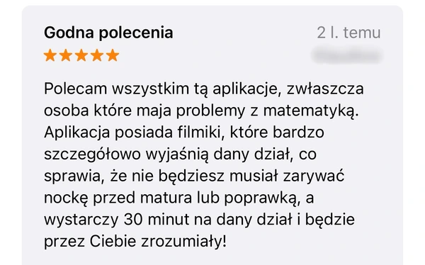 5-gwiazdkowa opinia: aplikacja pomaga w nauce matematyki dzięki filmikom wyjaśniającym