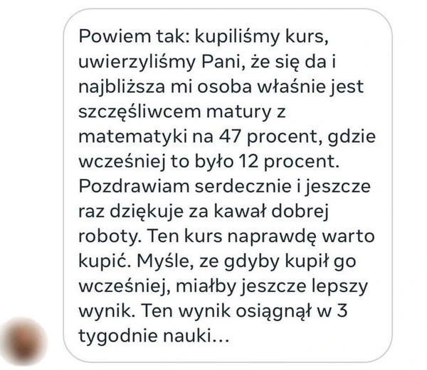 Opinia o kursie matematyki: poprawa wyniku z matury z 12% na 47% w 3 tygodnie nauki