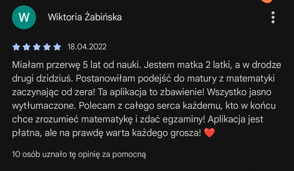 5-gwiazdkowa opinia Wiktorii Żabińskiej: przygotowanie do matury z matematyki od zera