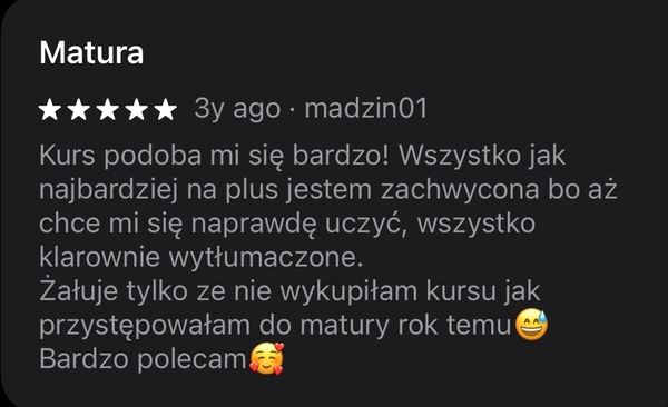 5-gwiazdkowa opinia madzin01: kurs pomógł w przygotowaniu do matury, wszystko klarownie wytłumaczone