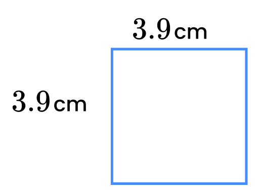 Original: A blue-outlined square shape on a white background. The top side is labeled "3.9 cm" centered above the square. The left side is labeled "3.9 cm" to the left of the square. The square has equal length and width, indicating it is actually a square with all sides equal to 3.9 cm.