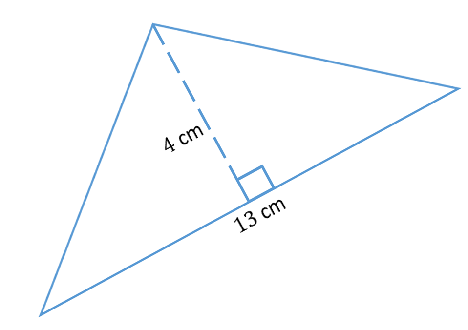 Original: A triangle drawn with blue lines on a white background. The triangle is oriented with its apex pointing upward-left, one vertex pointing to the right, and one vertex pointing to the lower-left. A dashed blue line represents the height (altitude) of the triangle, drawn from the top vertex perpendicular to the base. The dashed line is labeled "4 cm" along its length. A small square symbol at the foot of the dashed line indicates a right angle where the altitude meets the base. The portion of the base from the foot of the altitude to the right vertex is labeled "13 cm". The base extends further to the lower-left beyond the foot of the altitude.