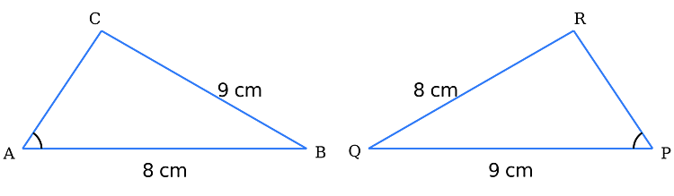 Original: Two triangles are shown side by side. On the left is triangle ABC: vertex A is at the bottom-left with a small angle mark indicating a marked angle, vertex C is at the top, and vertex B is at the bottom-right. The side CB (from C down to B) is labeled 9 cm, and the base AB (from A to B) is labeled 8 cm. On the right is triangle QRP: vertex Q is at the bottom-left, vertex R is at the top, and vertex P is at the bottom-right with a small angle mark indicating a marked angle. The side QR (from Q up to R) is labeled 8 cm, and the base QP (from Q to P) is labeled 9 cm. Both triangles are drawn in blue outline. The diagram is not drawn to scale.