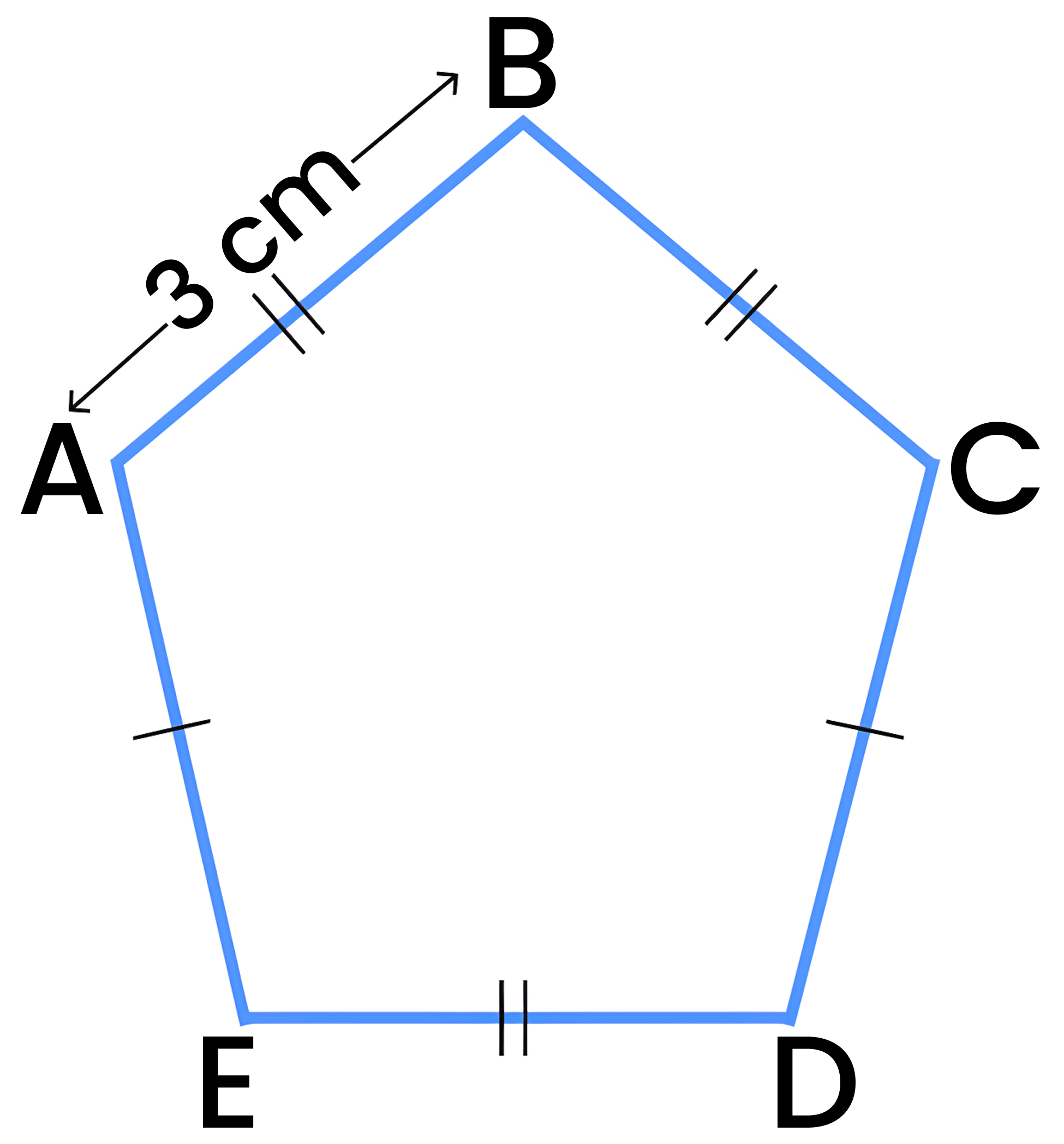 Original: A regular-looking pentagon labeled ABCDE with vertices: B at the top, C at the upper right, D at the lower right, E at the lower left, and A at the upper left. The side AB is labeled "3 cm" with an arrow annotation pointing to it. Tick marks indicate equal sides: AB and BC each have double tick marks (indicating they are equal), AE and CD each have single tick marks (indicating they are equal to each other), and ED has double tick marks (indicating it equals AB and BC). All five sides are drawn in blue. The vertices are labeled with capital letters in black.