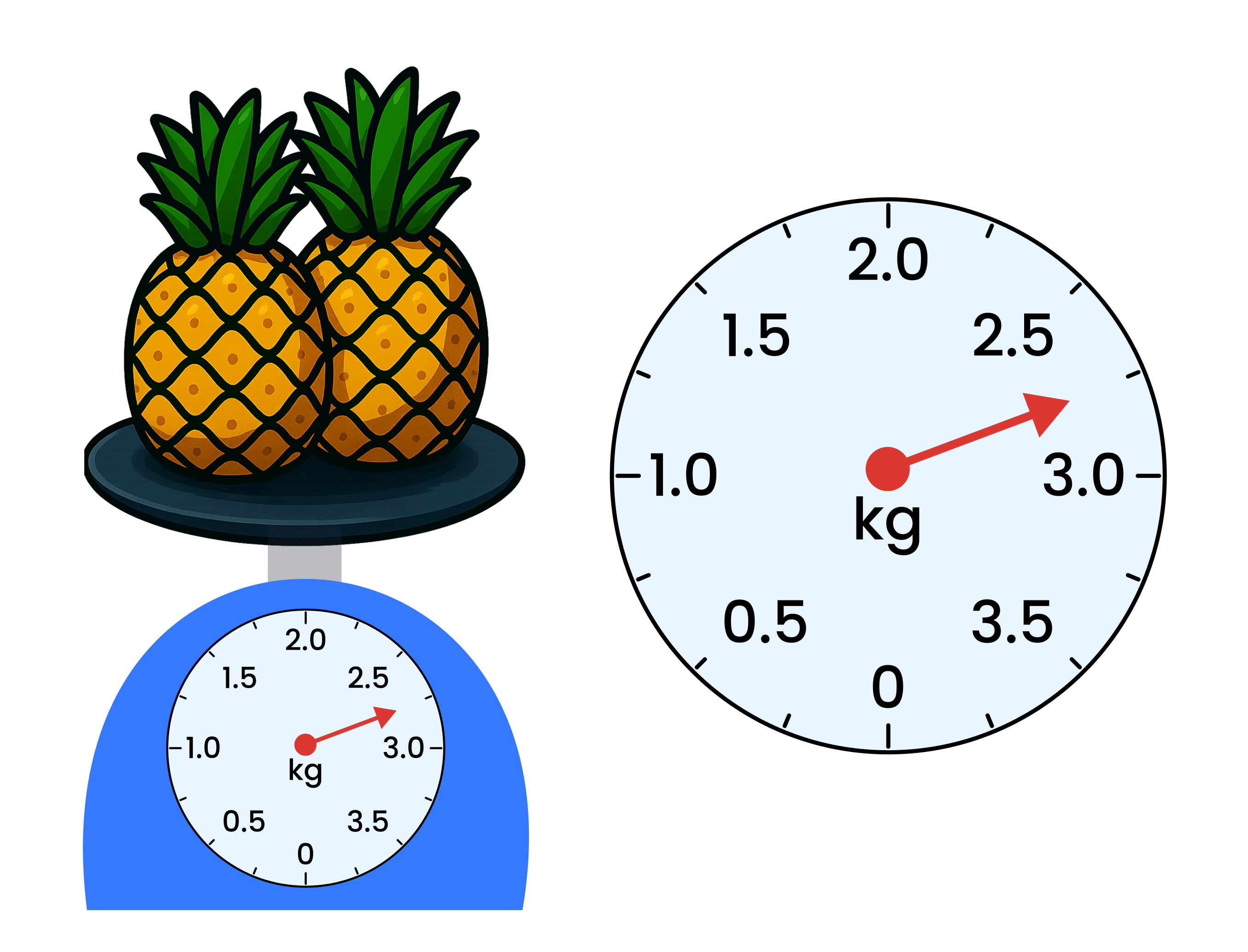 Original: A kitchen weighing scale with two pineapples sitting on its circular platform. The scale has a circular analog dial showing weight markings in kilograms: 0 at the bottom, then 0.5, 1.0, 1.5, 2.0 at the top, 2.5, 3.0 on the right side, and 3.5 on the lower right. The unit label "kg" appears in the center of the dial. A red arrow needle points to approximately 2.75 kg, between the 2.5 and 3.0 marks. To the right of the scale is a larger zoomed-in version of the same dial face showing the same markings and the red needle pointing to approximately 2.75 kg.